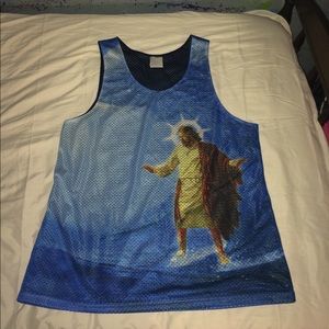 Jesus surfing on water tank